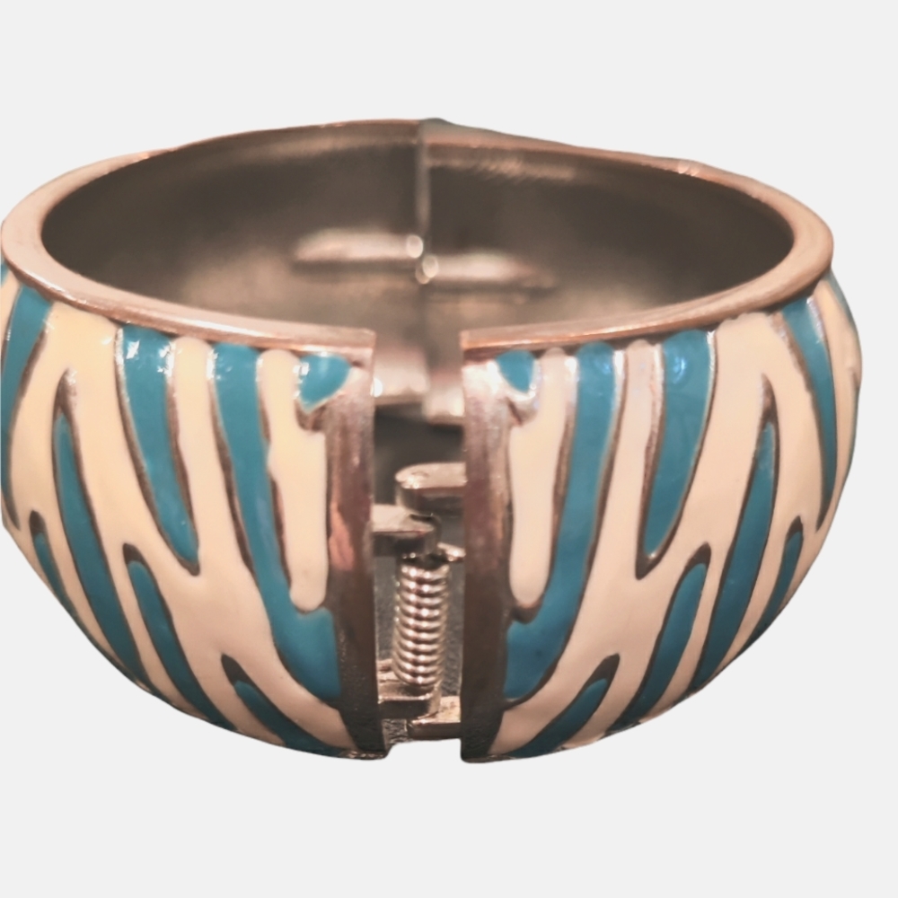 80s Hinged Bangle Bracelet Bright Blue and White